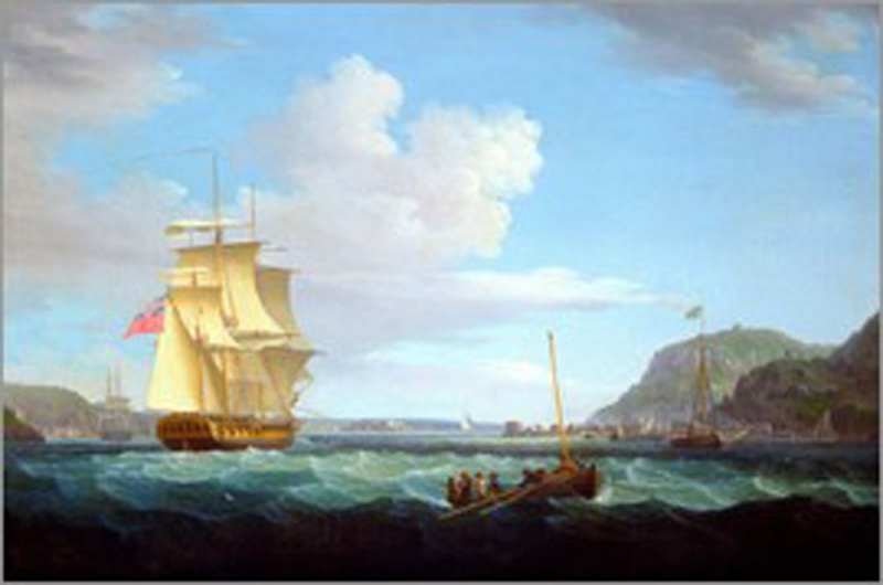 thomas whitcombe a british frigate with a longboat off the headland of gallows hill broad bay is