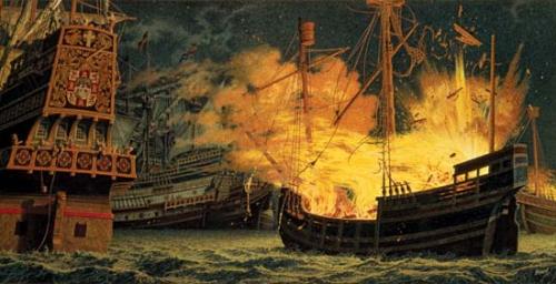 Spanish Armada Pic   Artists impression of the fire ship attack.
