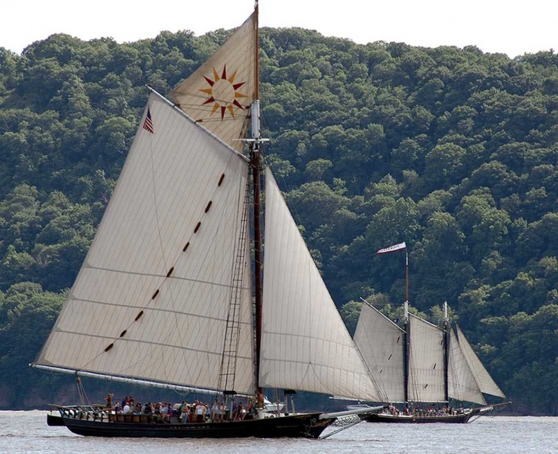 Sloop Clearwater  sailing with schooner Mystic Whaler on Hudson River