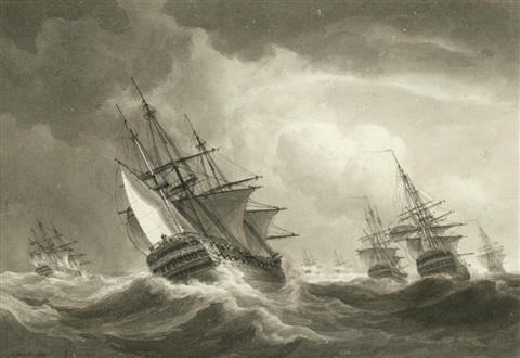 nicholas pocock under courses  the fleet at sea and reefed down in a heavy gale